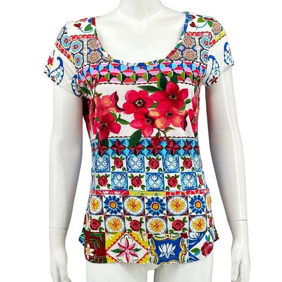 Desigual Top Womens Medium White Red Tile Floral Print Sheer Colorful Artsy Boho - Picture 1 of 8